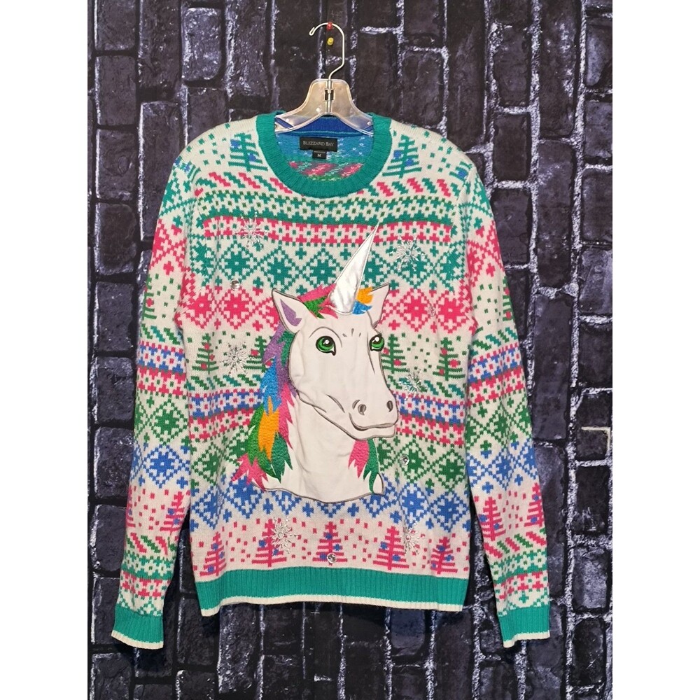 Blizzard Bay Men’s Ugly Christmas Sweater Unicorn Rainbow Fair Isle Medium M